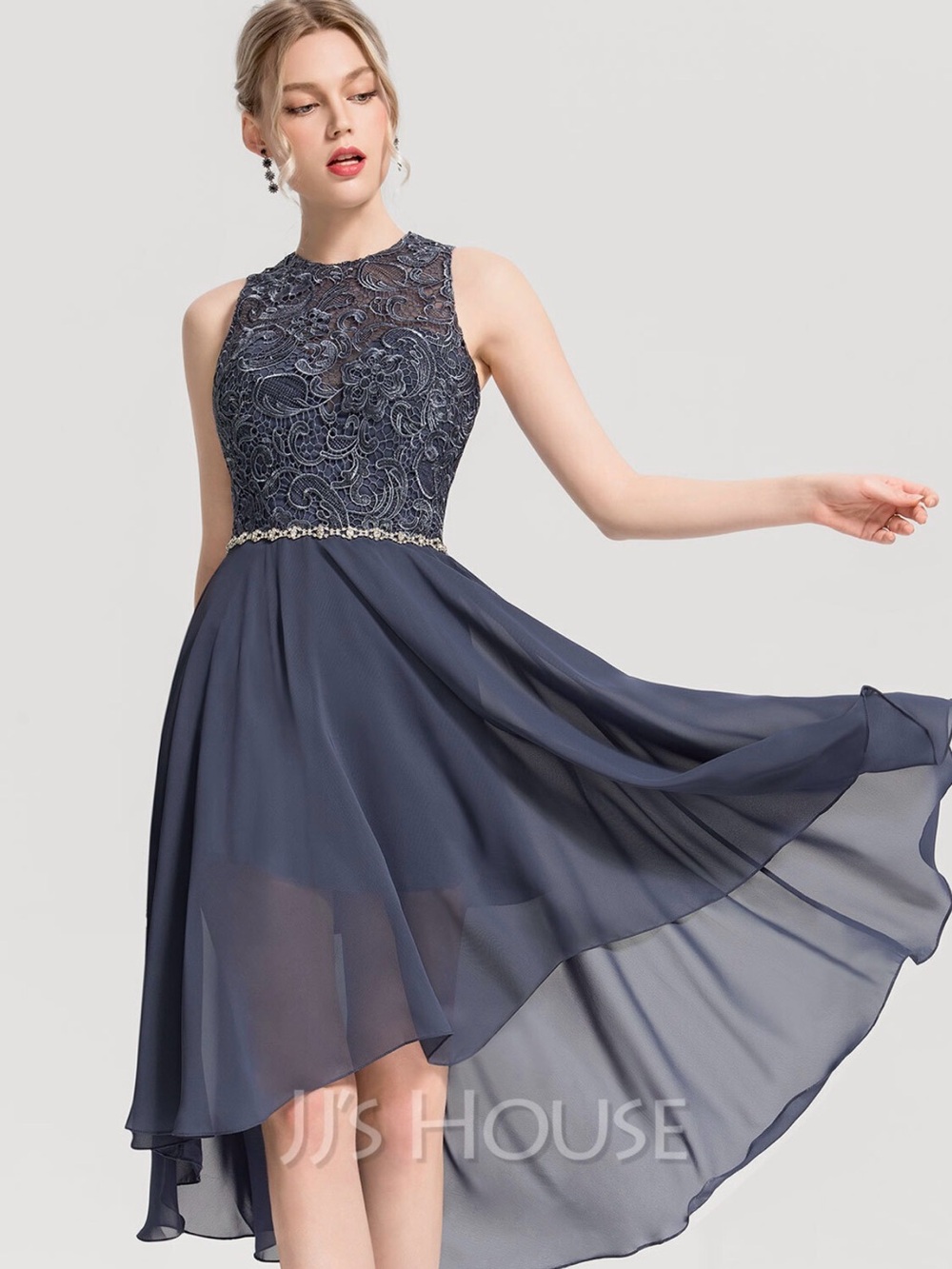 JJ’s House Stormy A Line Scoop Chiffon Lace Cocktail Dress with Rhinestone